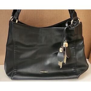 Nine West Black 3 Compartment Hobo Shoulder Bag With Flower Tassels